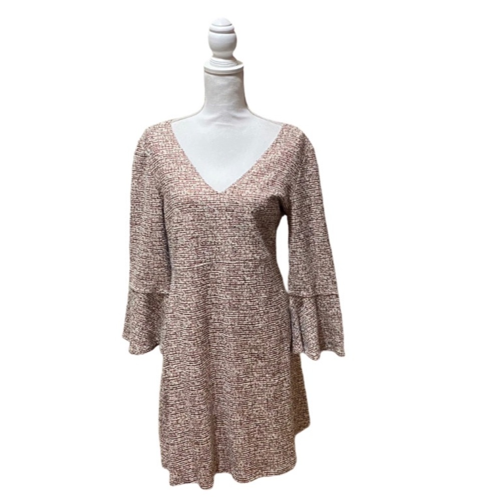 Anthropologie Red Cream Tweed Bell Sleeve V-Neck Dress
